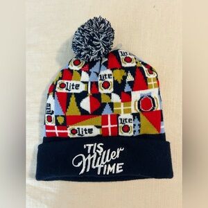 Miller Lite Beanie Hat Toboggan Red White Blue - It’s Miller Time - Holidays Pom
